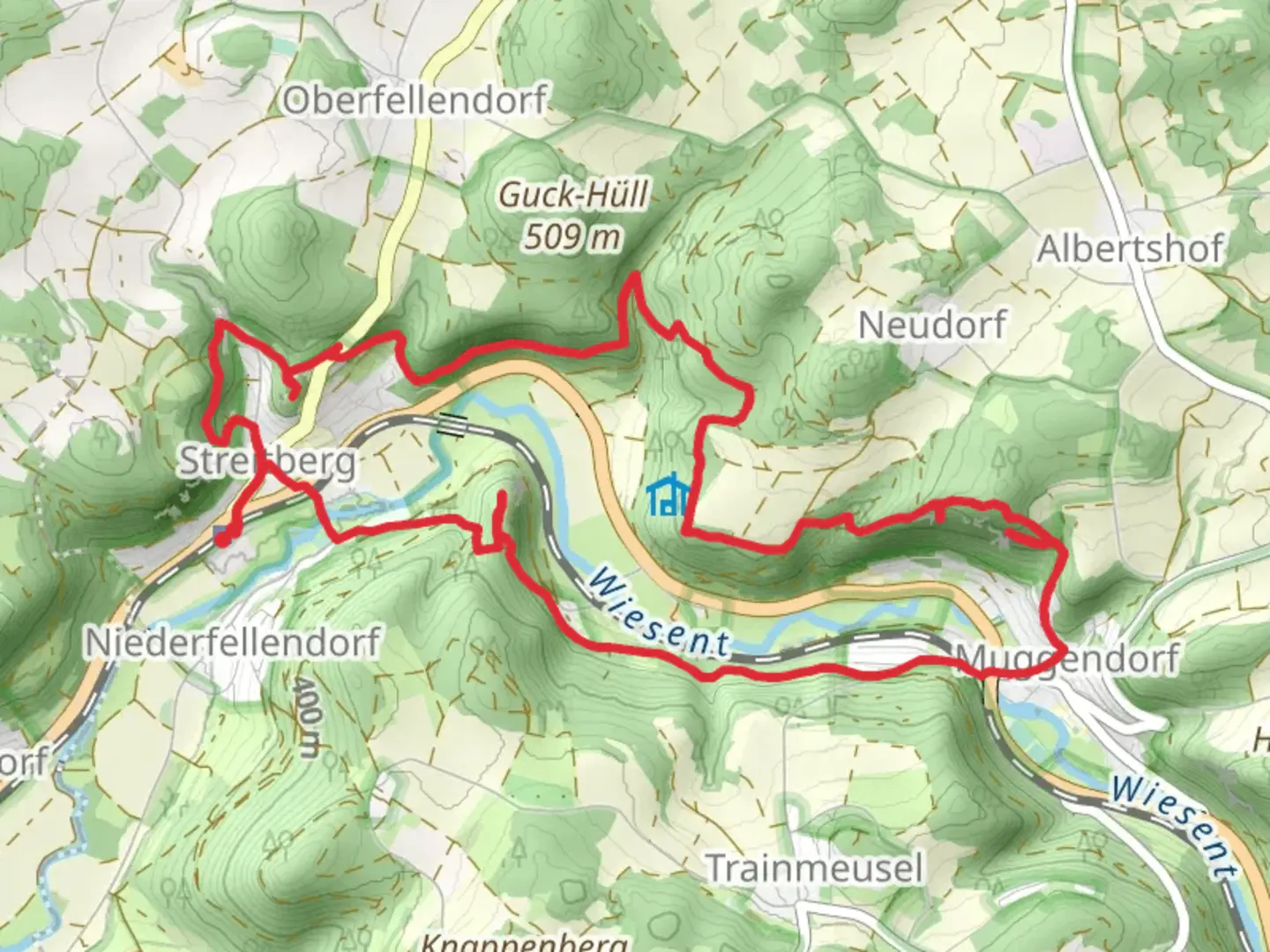 An image depicting the trail Oberjaegermarter and Frankenweg Teil and its surrounding area.