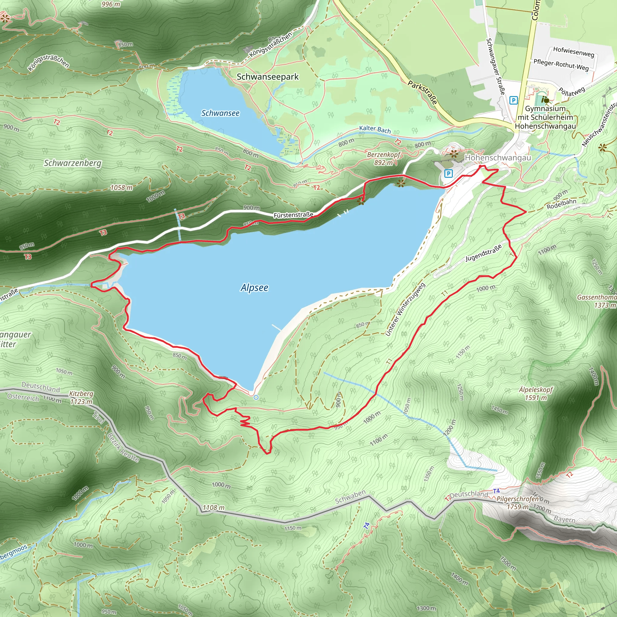 Alpsee, Pindarplatz via Alpsee Rundweg mobile static map