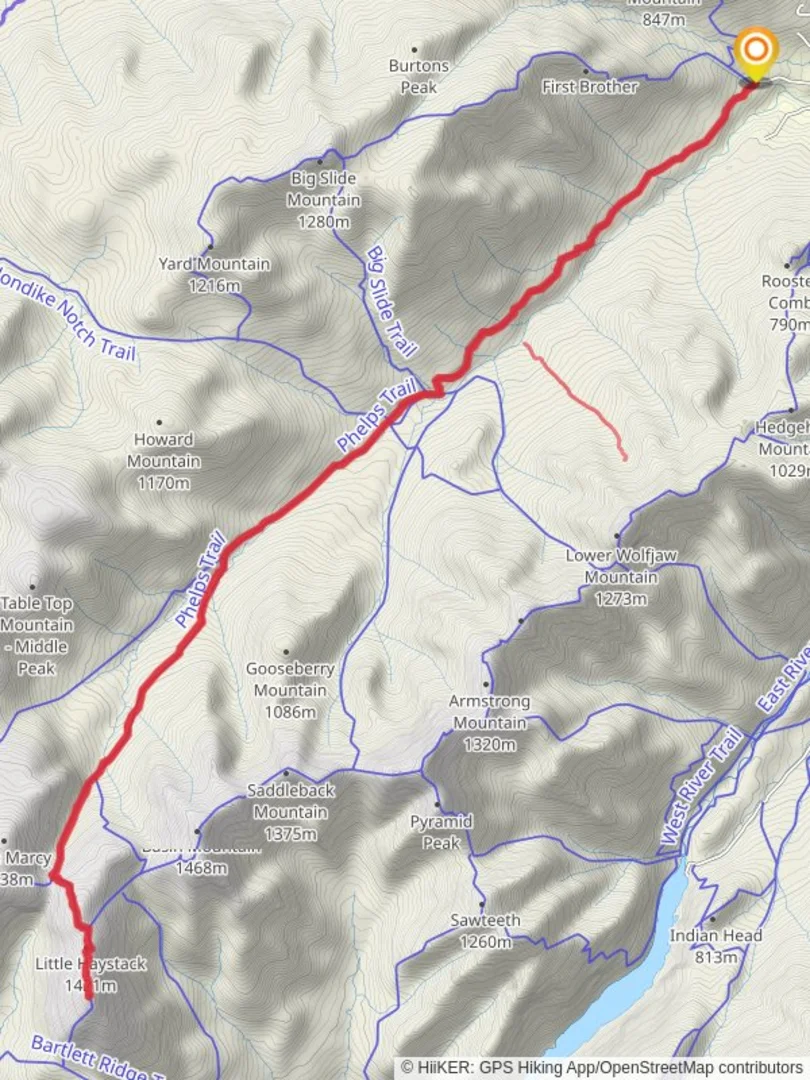 An image depicting the trail Mount Haystack vs Phelps Trail and its surrounding area.