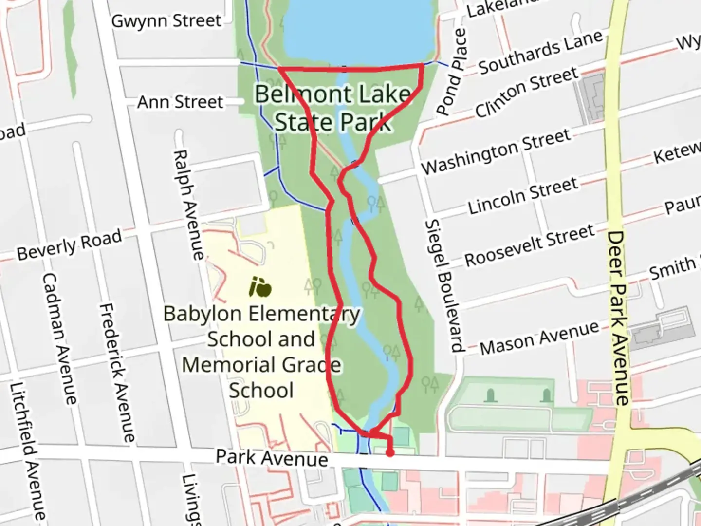 An image depicting the trail Southards Pond and Belmont Lake State Park Loop Trail and its surrounding area.