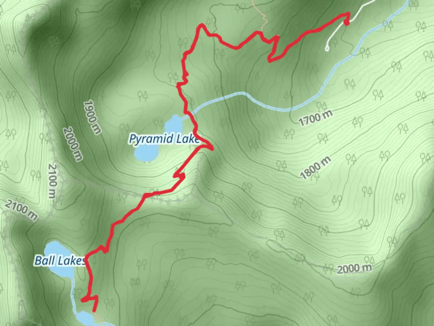 An image depicting the trail Pyramid and Ball Lakes and its surrounding area.