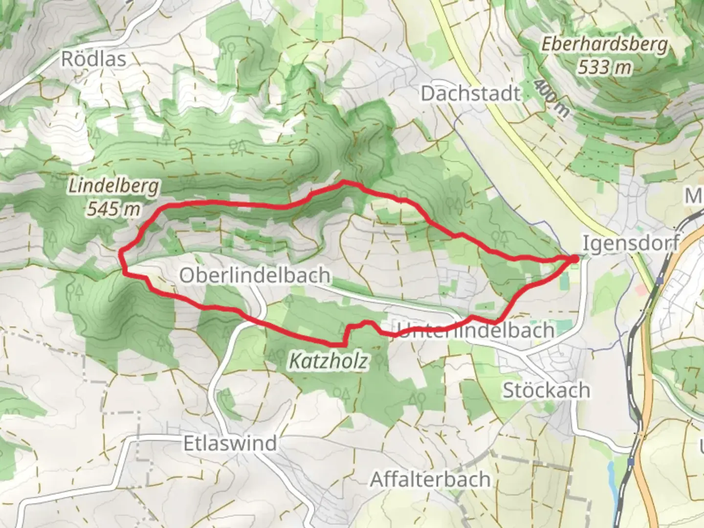 An image depicting the trail Oberlindelbach Loop and its surrounding area.