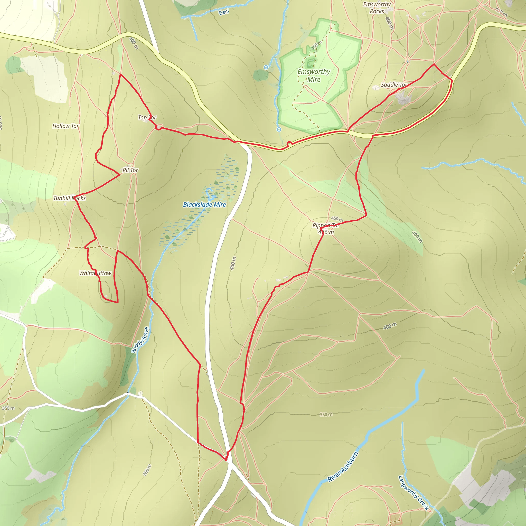 Whitabuttow, Tunhill Rocks, Top Tor, Saddle Tor and Rippon Tor Loop mobile static map