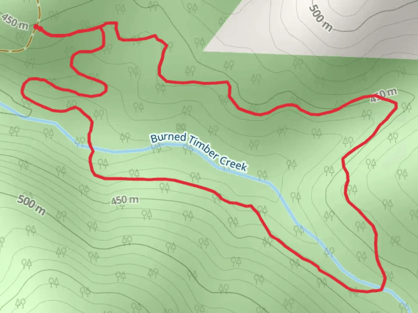 An image depicting the trail Burned Timber Interpretive Loop Trail and its surrounding area.