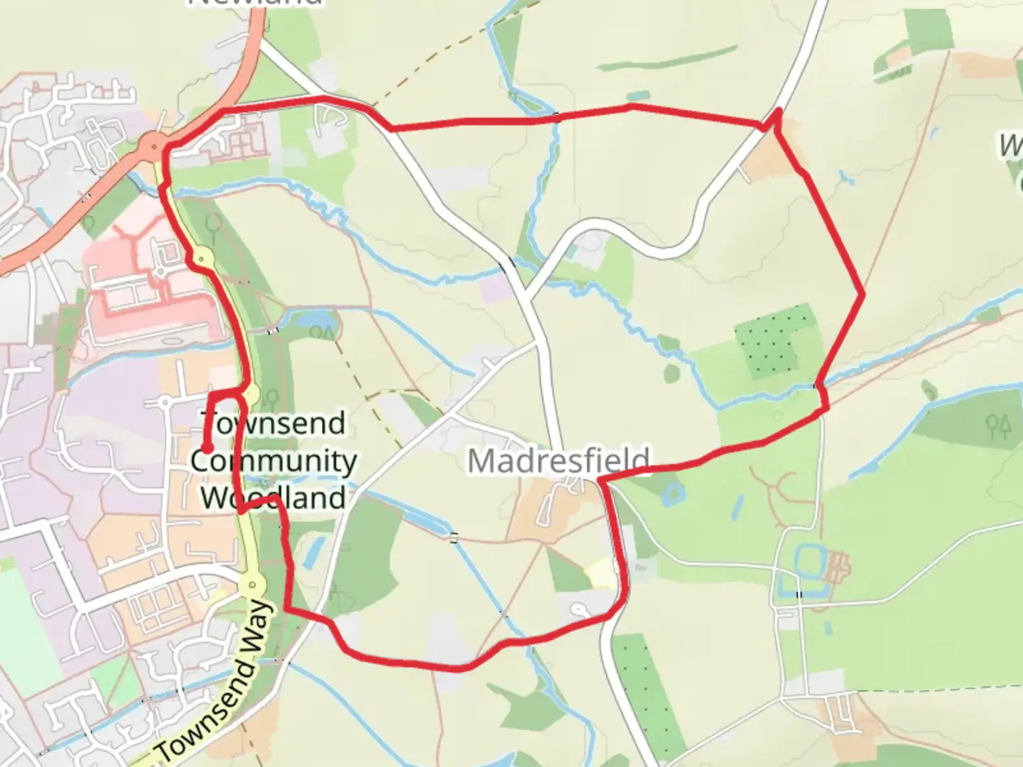 An image depicting the trail Madresfield Loop and its surrounding area.