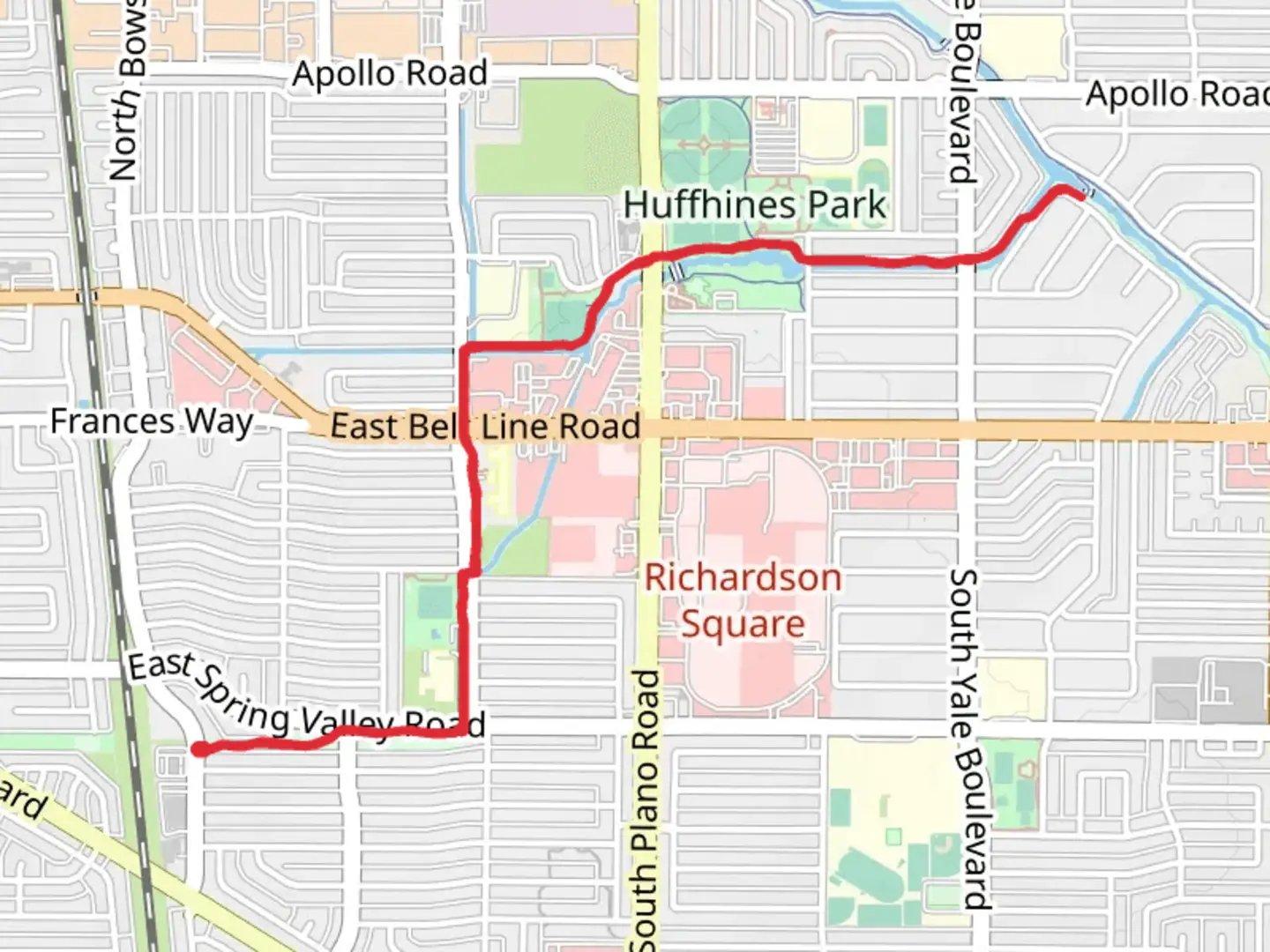 An image depicting the trail Huffhines Creek Walk from South Bowser Road and its surrounding area.