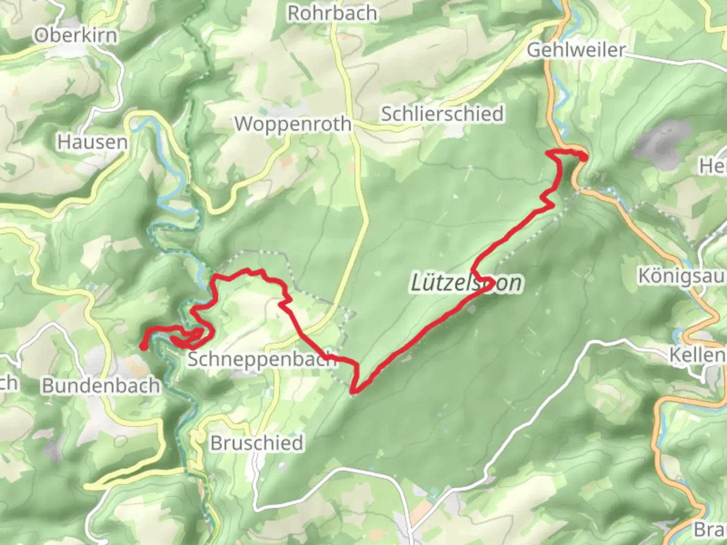 An image depicting the trail Hörtrichter, Teufelsfels, Womrather Höhe and Blickenstein Peak Walk via Soonwaldsteig and its surrounding area.
