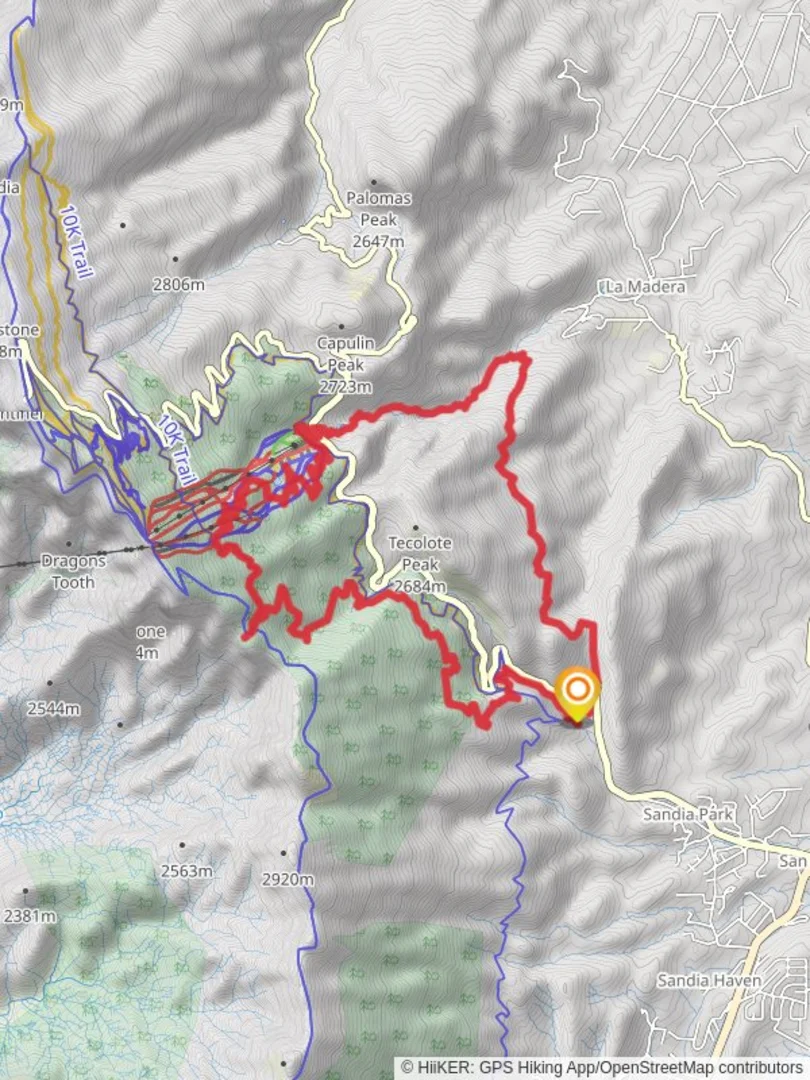 An image depicting the trail Canon Madera Route, 10 K Trail and Tree Spring Trail Loop and its surrounding area.