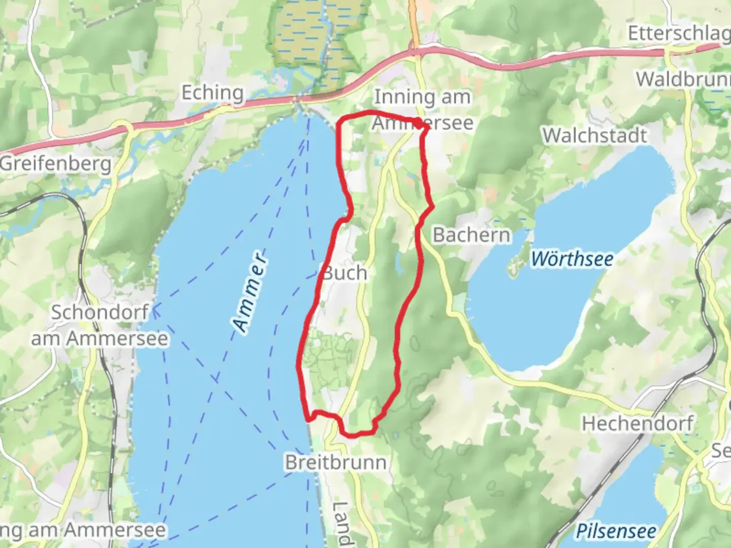 An image depicting the trail Jaudesberg via Muenchner Jakobsweg and its surrounding area.