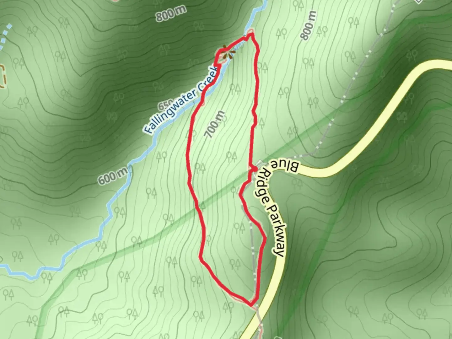 An image depicting the trail Fallingwater Cascades Trail Loop and its surrounding area.