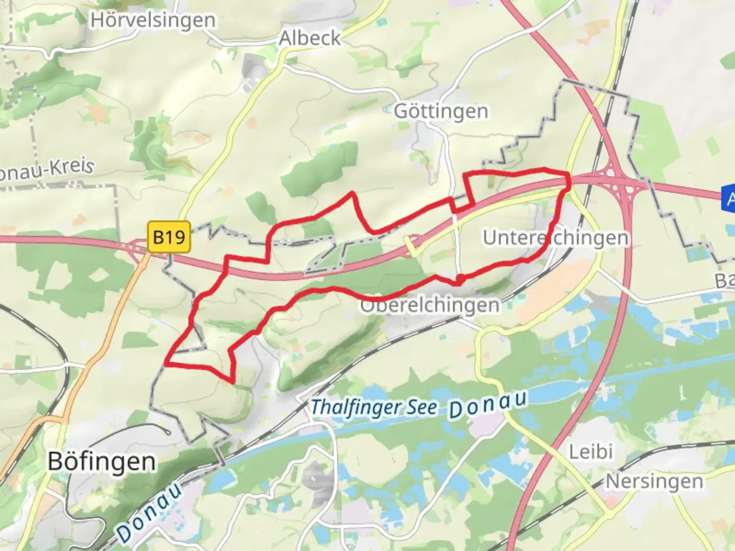 An image depicting the trail Oberelchingen Loop via Grober Forst and its surrounding area.
