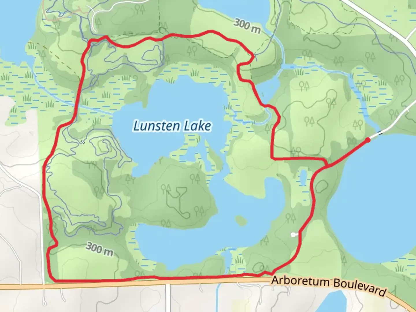 An image depicting the trail Lunsten Lake Loop and its surrounding area.