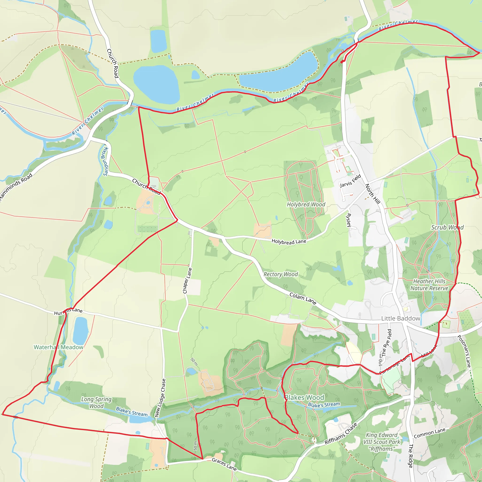 Heather Hills Nature Reserve, Bakes Wood and River Chelmer Loop mobile static map