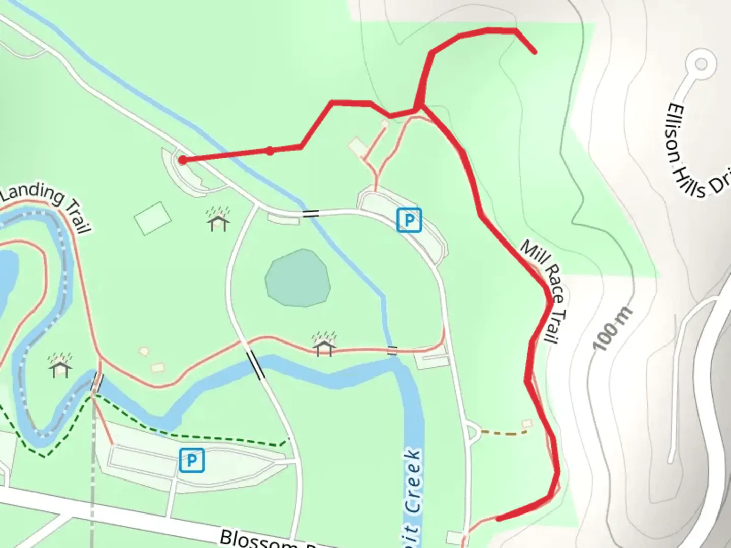 An image depicting the trail Ellison Park Road and its surrounding area.