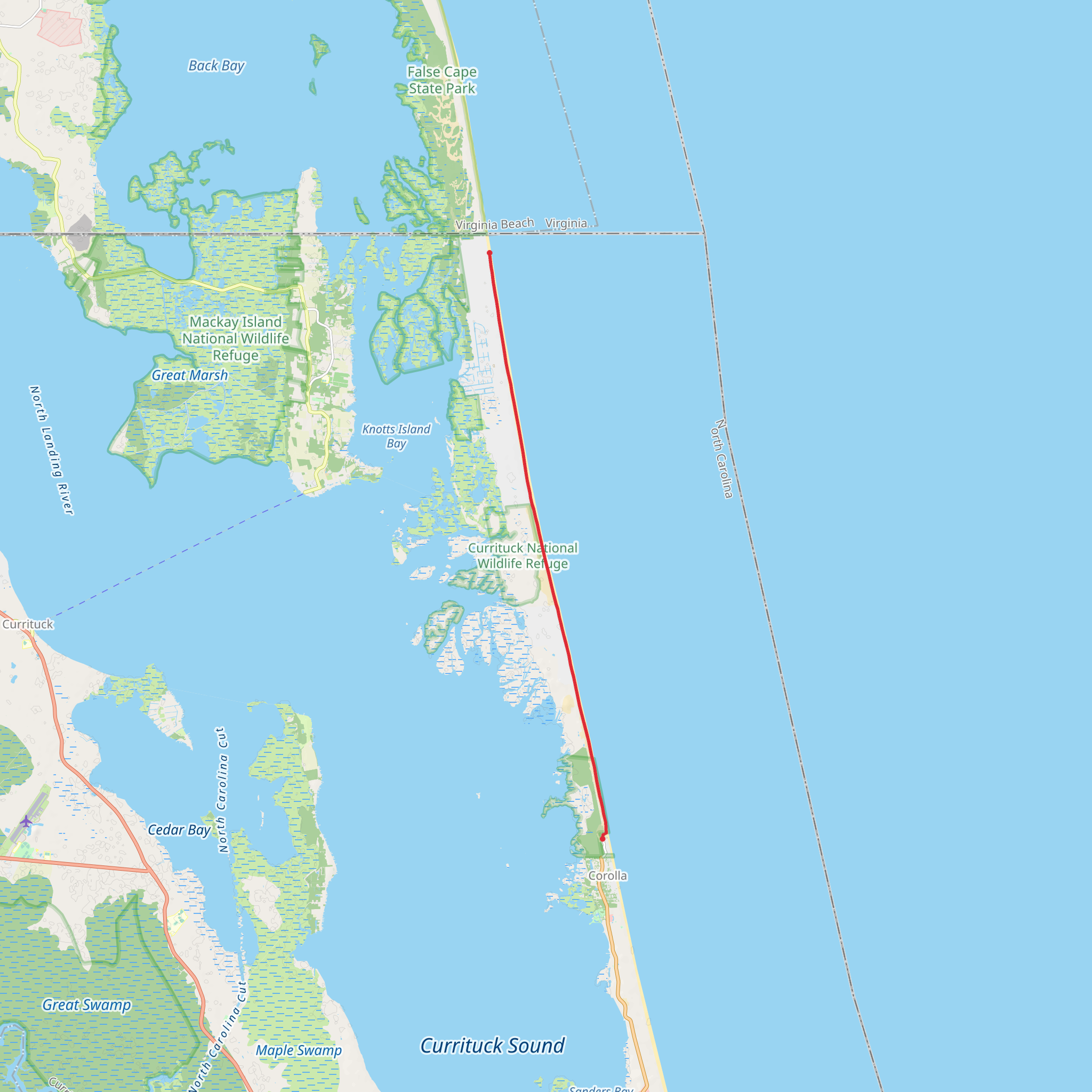 Corolla Beach and Carova Beach mobile static map