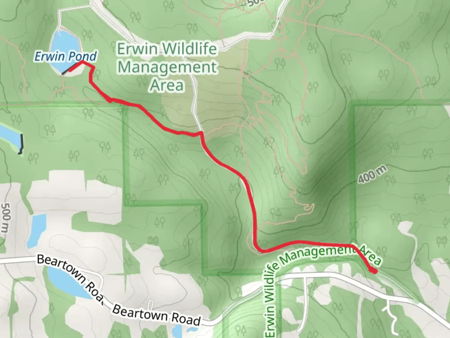 An image depicting the trail Erwin Pond from Weaver Creek Road and its surrounding area.