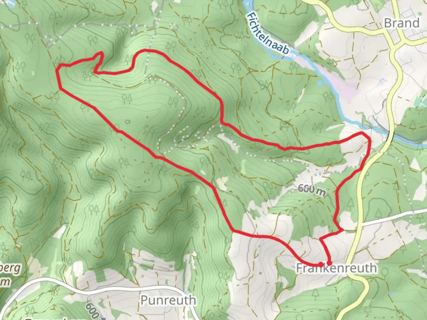 An image depicting the trail Frankenreuth and Scheibenberg Loop via Marterlweg and its surrounding area.