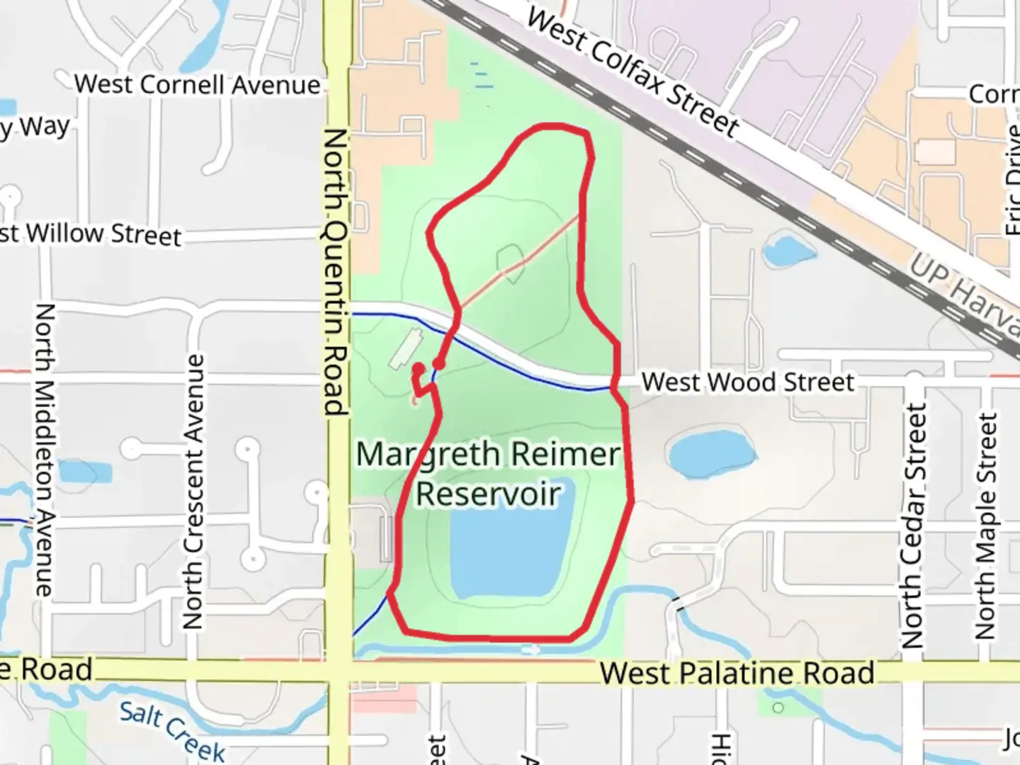An image depicting the trail Riemer Reservoir Park Loop and its surrounding area.