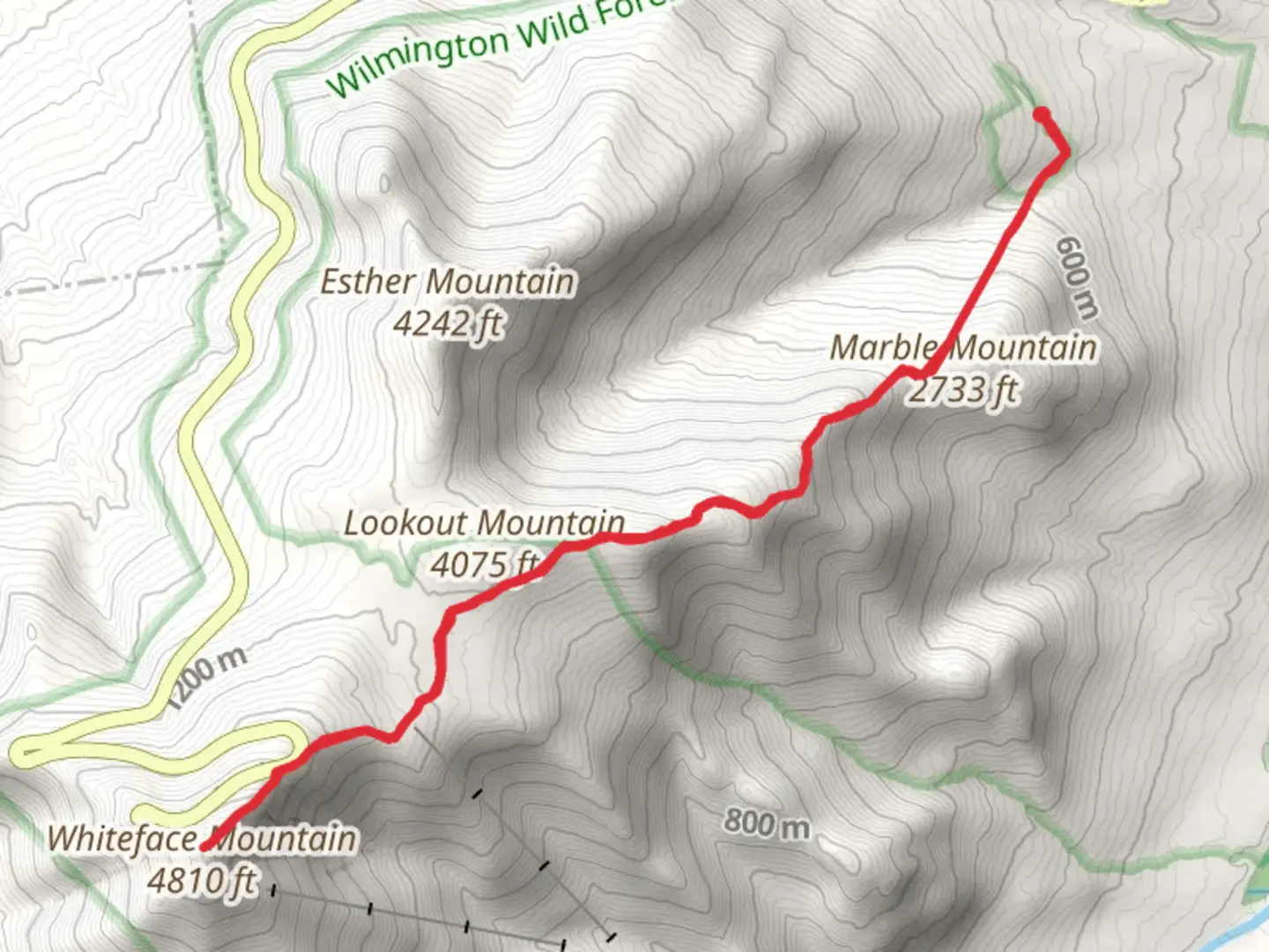 An image depicting the trail Lookout Mountain and Whiteface Mountain from Marble Mt Road and its surrounding area.