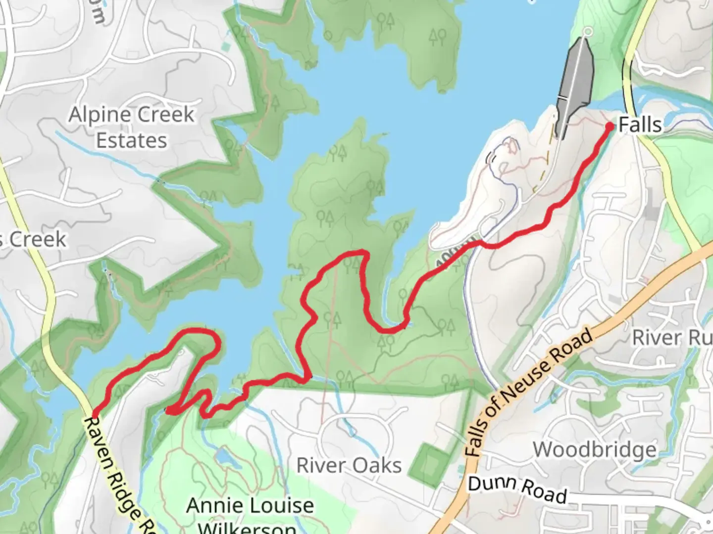 An image depicting the trail Falls Lake Trail - Neuse River Greenway and its surrounding area.