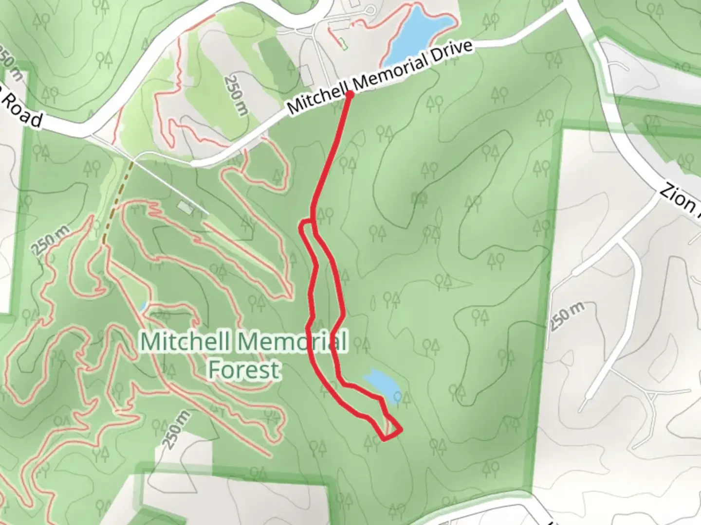 An image depicting the trail Mitchell Memorial Drive Loop and its surrounding area.