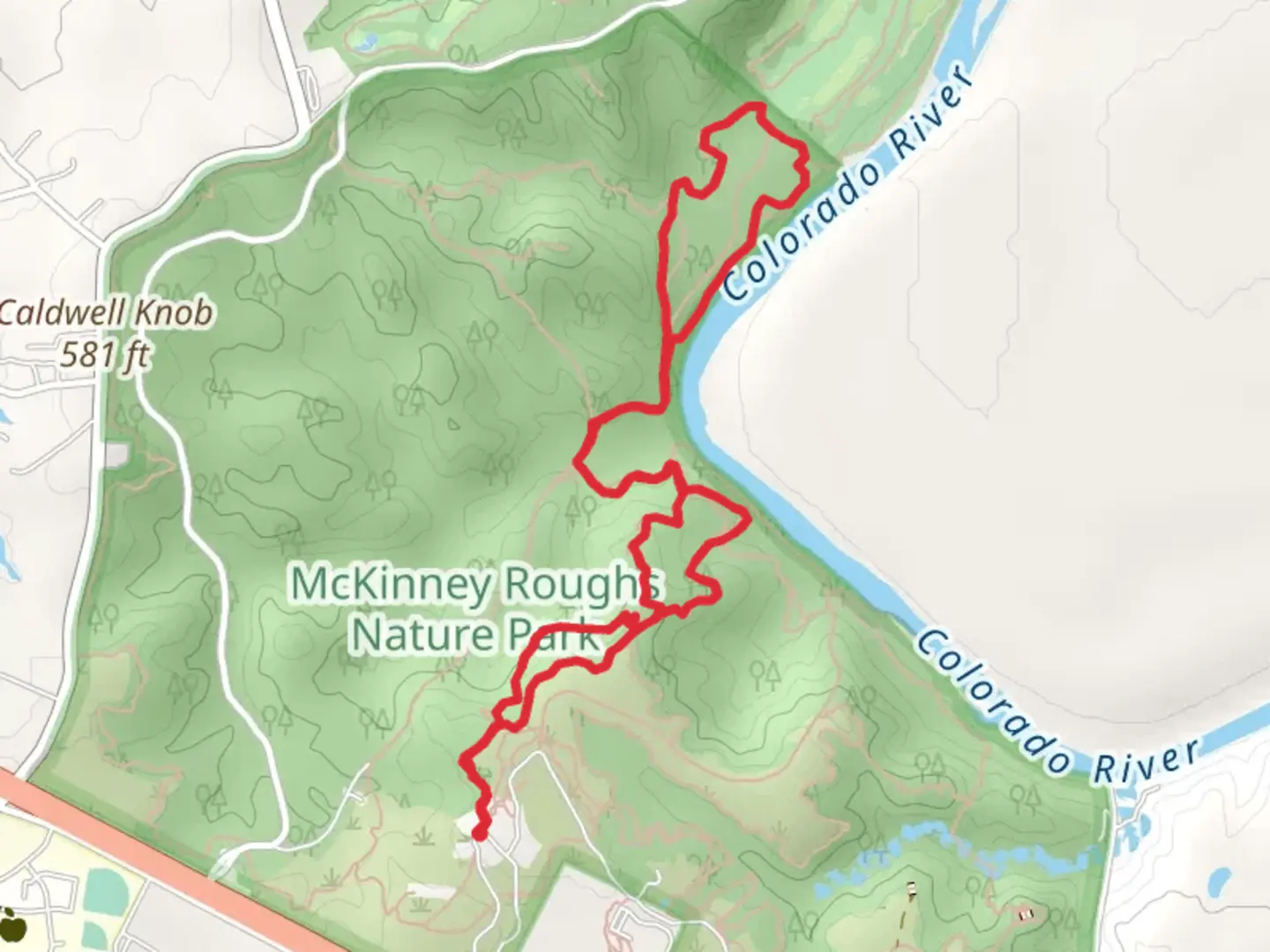 An image depicting the trail Colorado River Shore Loop from McKinney Roughs Nature Park and its surrounding area.