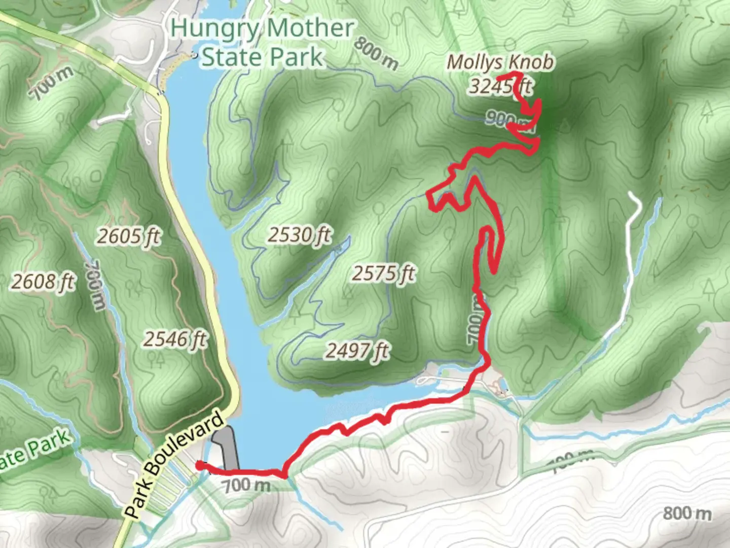 An image depicting the trail Mollys Knob from Camp Burson and its surrounding area.