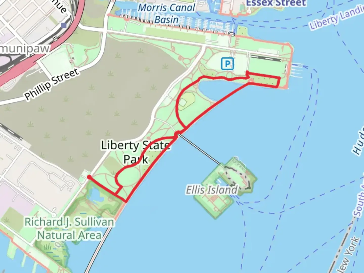 An image depicting the trail Hudson River Waterfront Walkway Loop and its surrounding area.