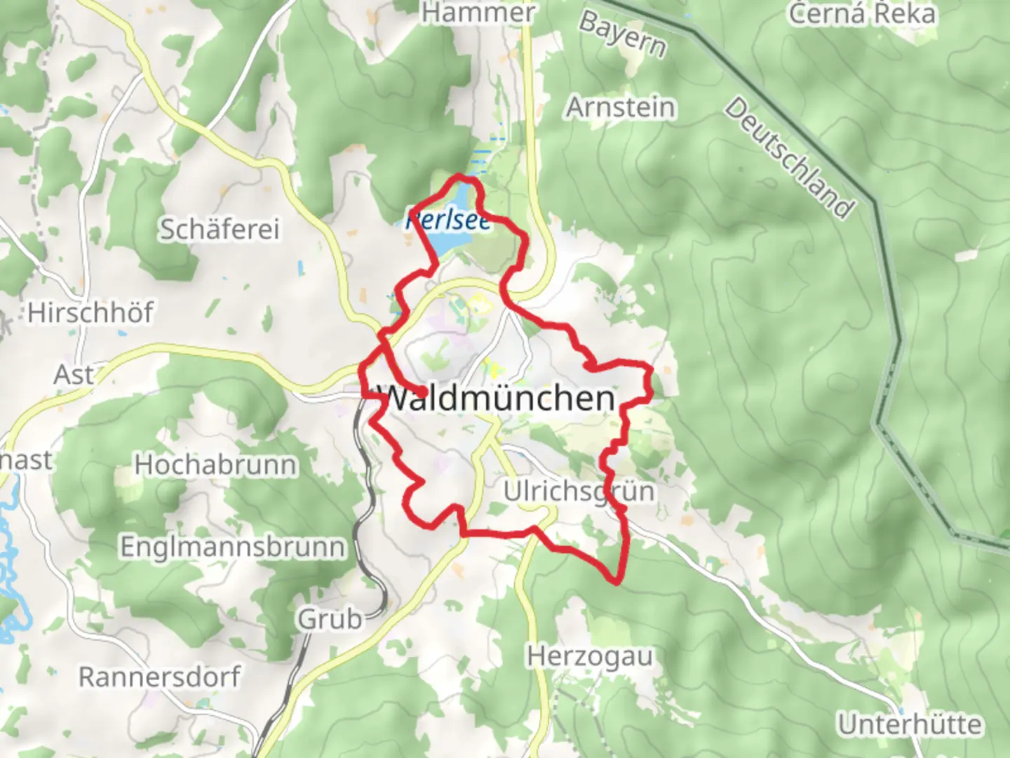 An image depicting the trail Waldmunchen Loop via Perlsee and its surrounding area.