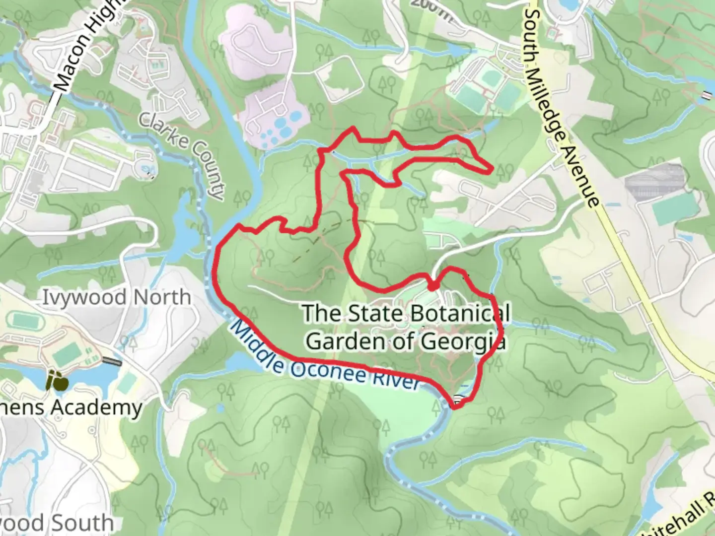An image depicting the trail White and Orange Loop Trail - The State Botanical Garden of Georgia and its surrounding area.
