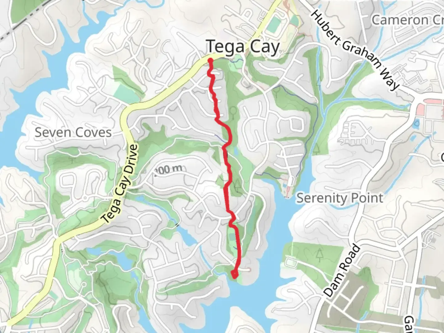 An image depicting the trail Tega Cay Drive and its surrounding area.