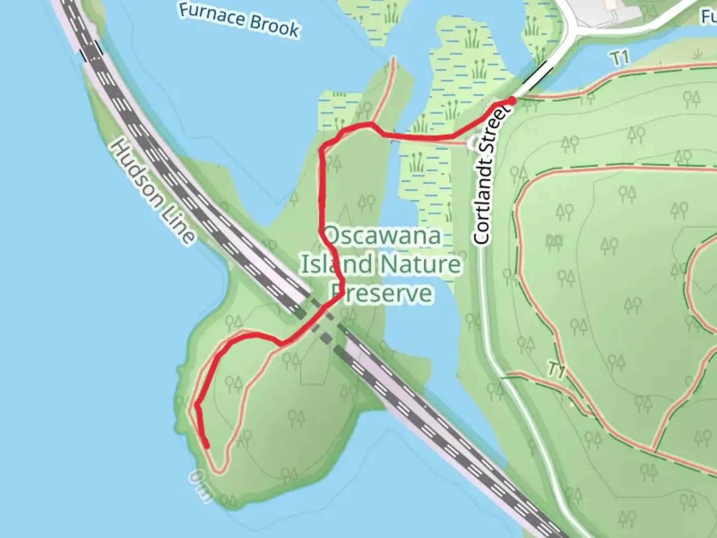 An image depicting the trail Oscawana Island Trail and its surrounding area.