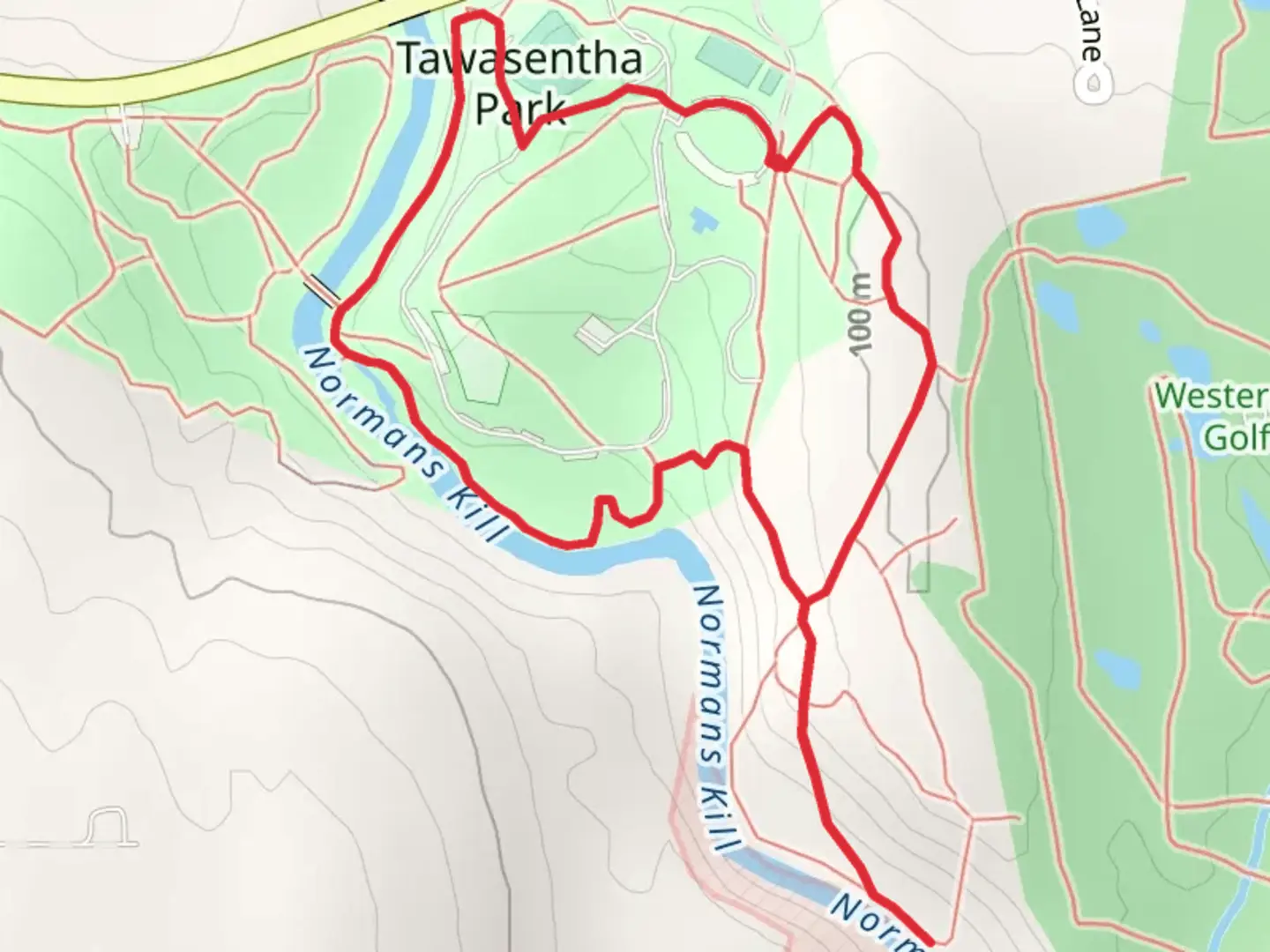 An image depicting the trail Normans Kill Loop and its surrounding area.