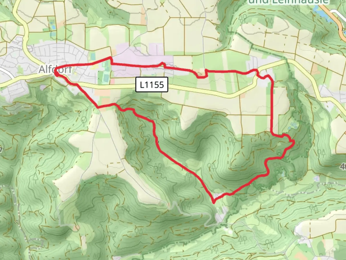 An image depicting the trail Haselbach Rundweg and Bruehlweg and its surrounding area.