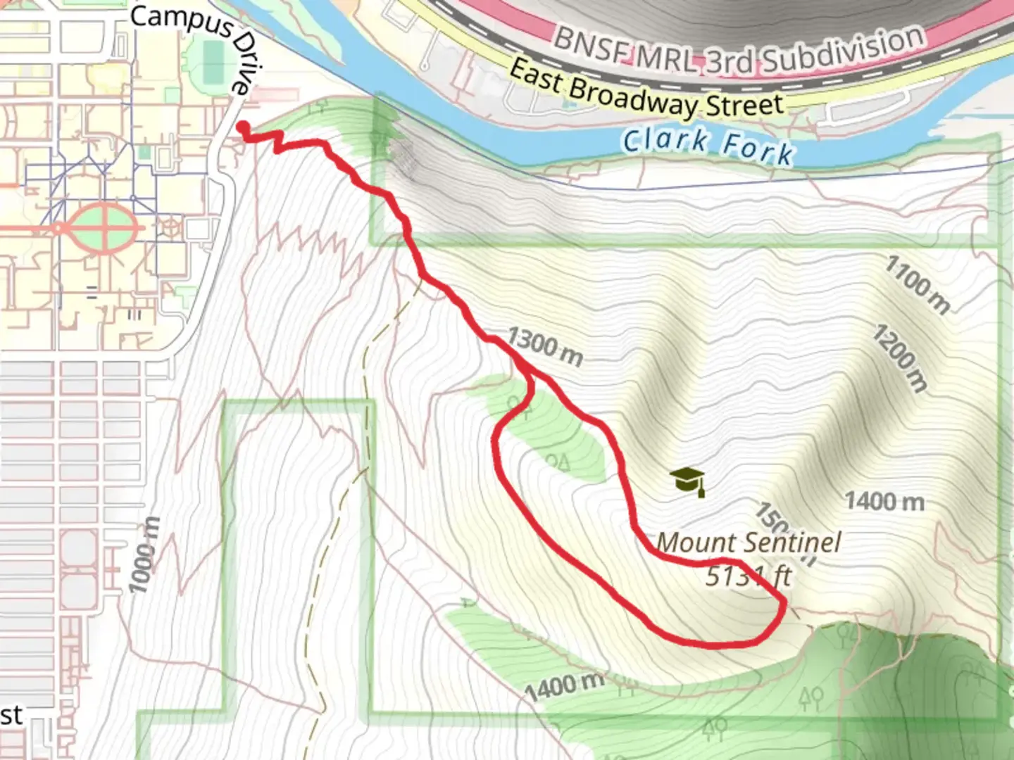 An image depicting the trail Mount Sentinel via Hellgate Ridgeline Loop and its surrounding area.