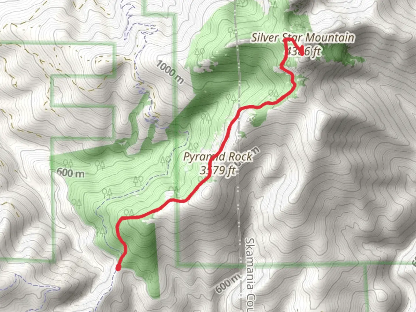 An image depicting the trail Silver Star Mountain via Grouse Vista Trail and its surrounding area.