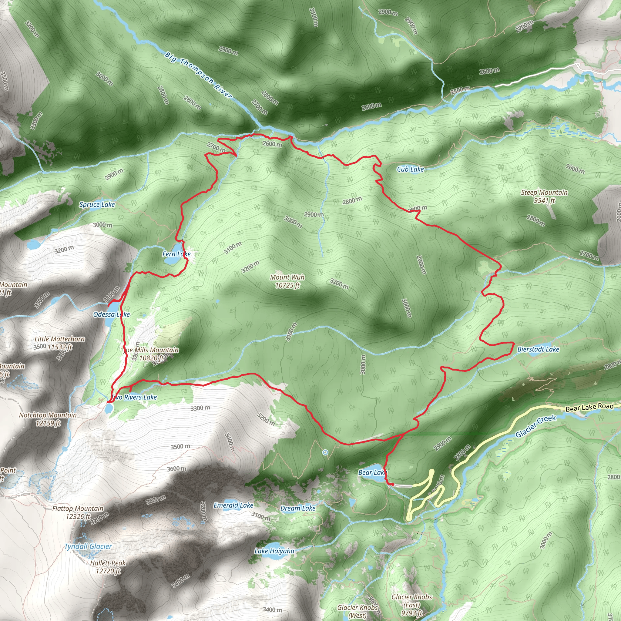 Flattop Mountain, Two Rivers Lake, Lake Helene, Odessa Lake and Bear Lake-Bierstadt Loop Trail mobile static map