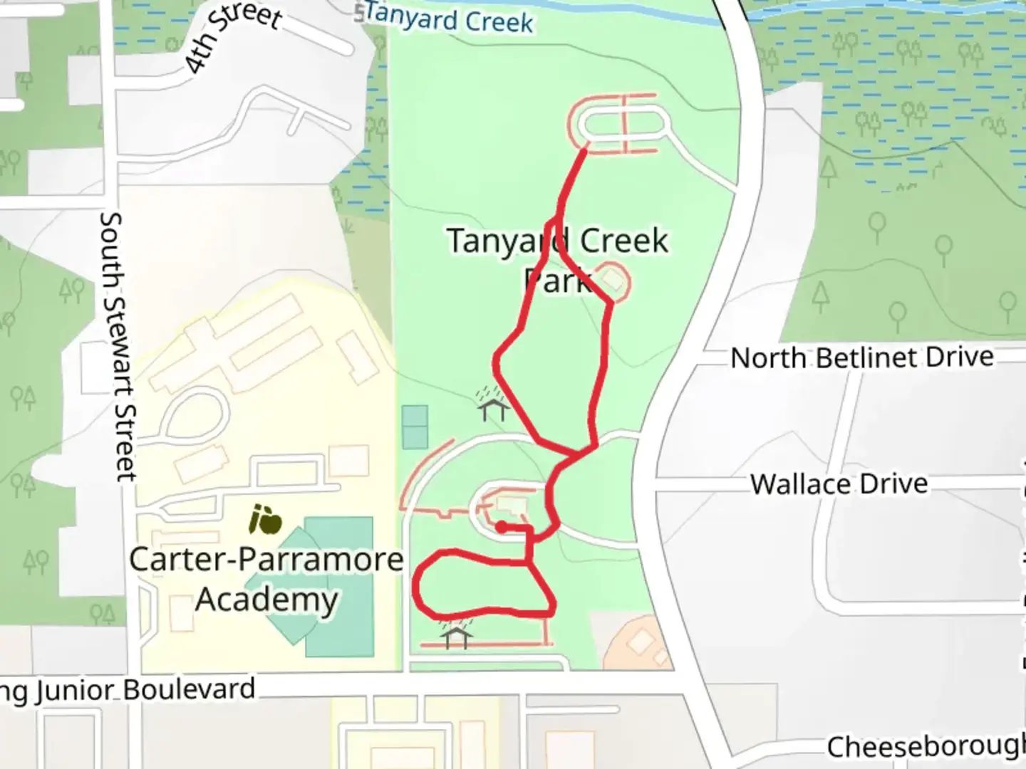 An image depicting the trail Tanyard Creek Park Loop and its surrounding area.