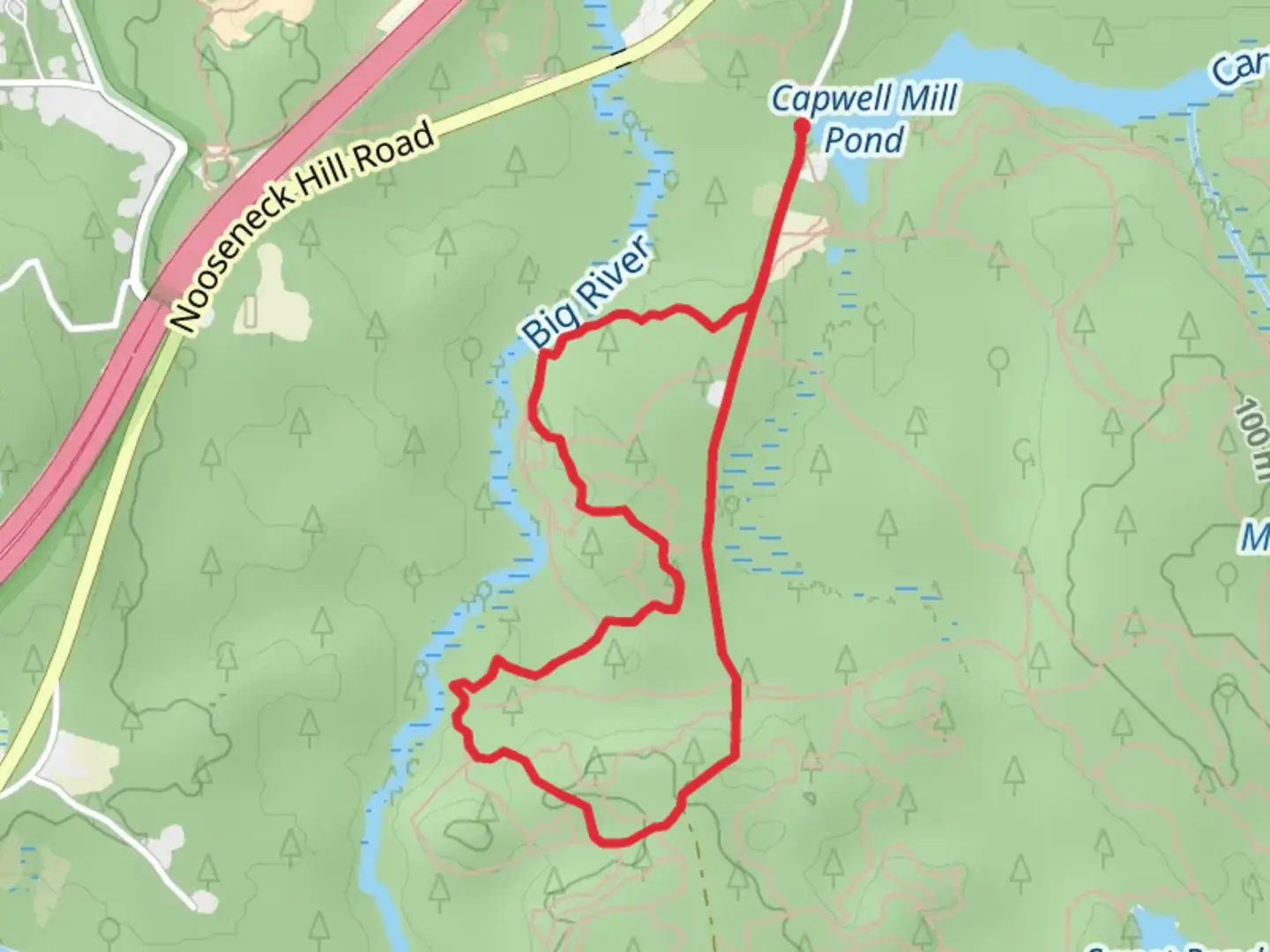An image depicting the trail Burnt Sawmill Road and Upper Piney Loop and its surrounding area.
