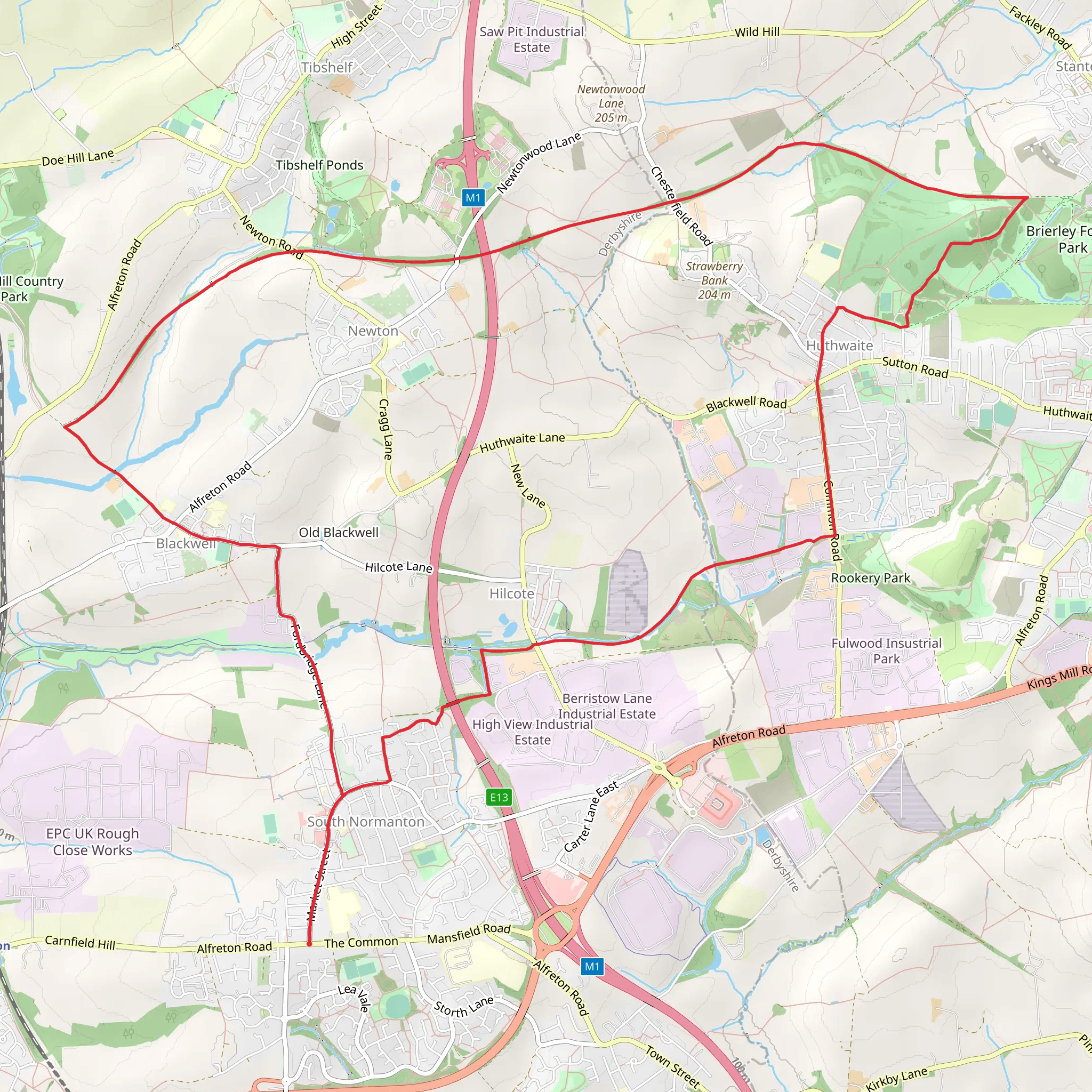 South Normanton, Blackwell and Huthwaite Loop via Brierley Forest Park mobile static map