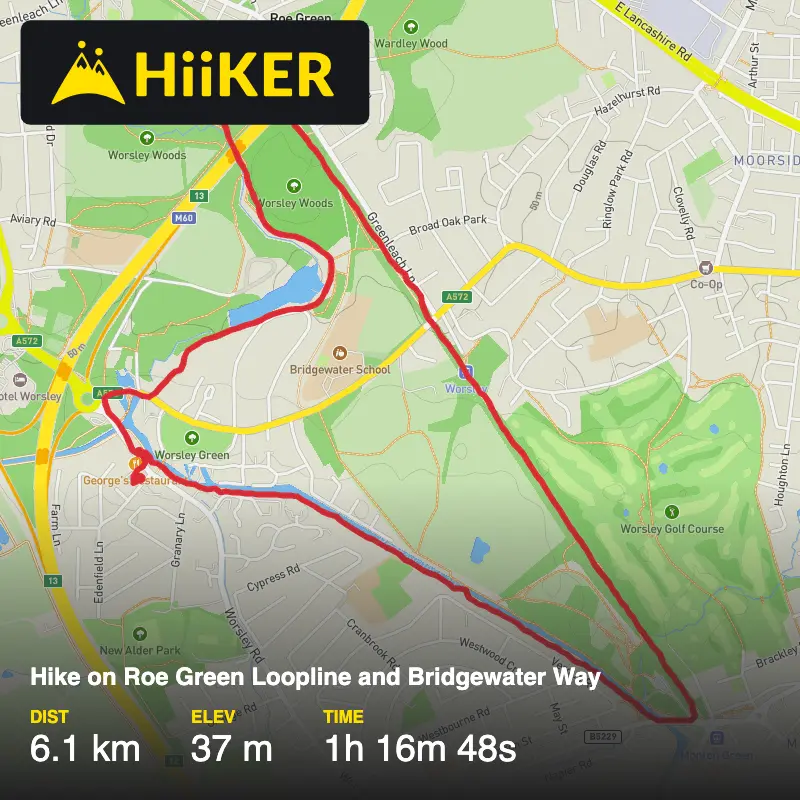 A map preview of the recording Hike on Roe Green Loopline and Bridgewater Way.