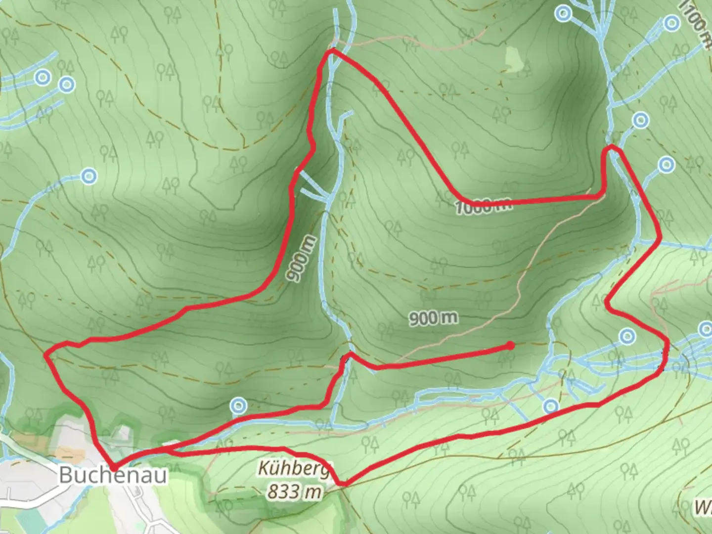 An image depicting the trail Kuhberg Loop - Buchenau and its surrounding area.