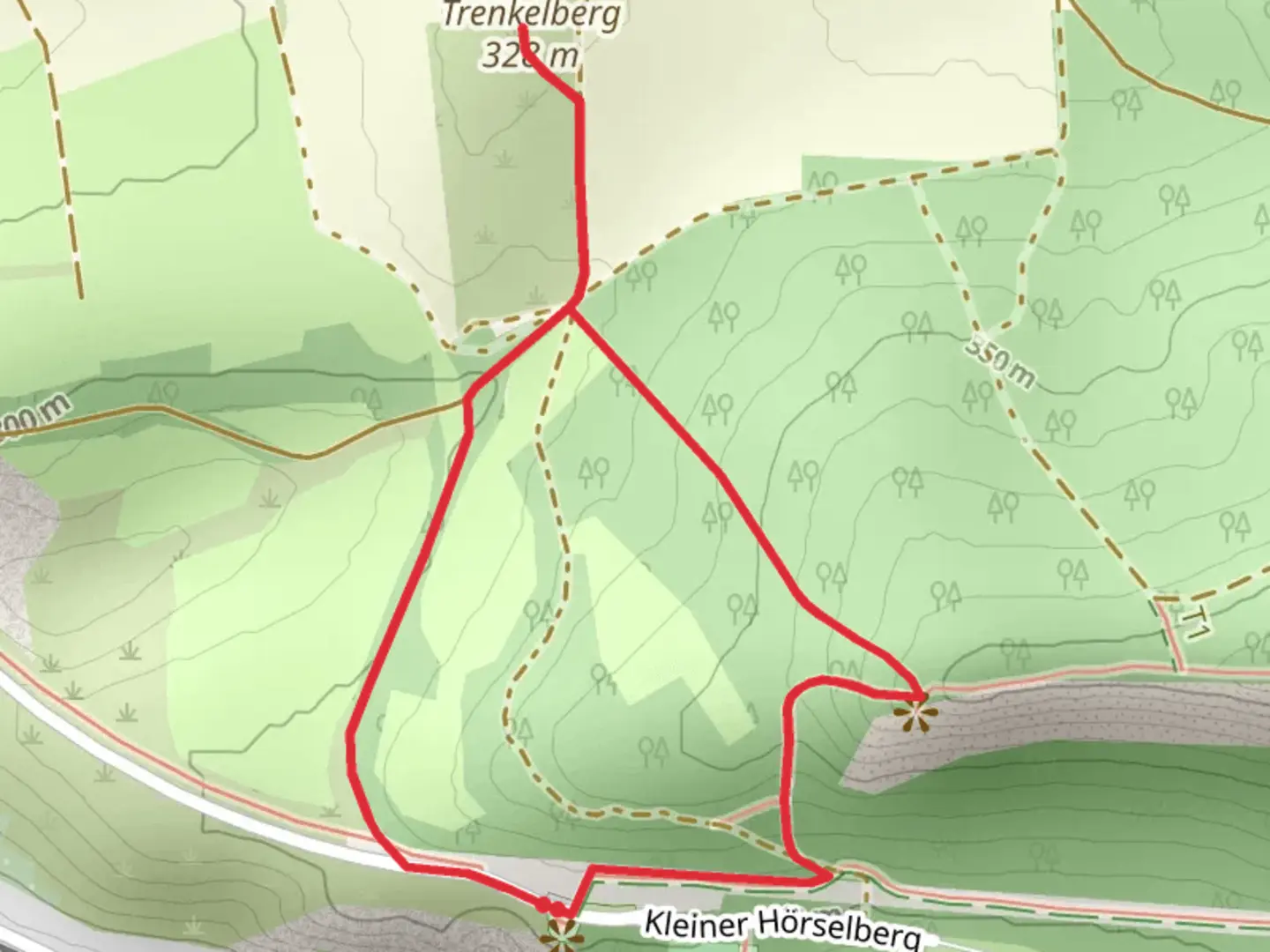 An image depicting the trail Trenkelberg via Kammweg Horselberge and its surrounding area.