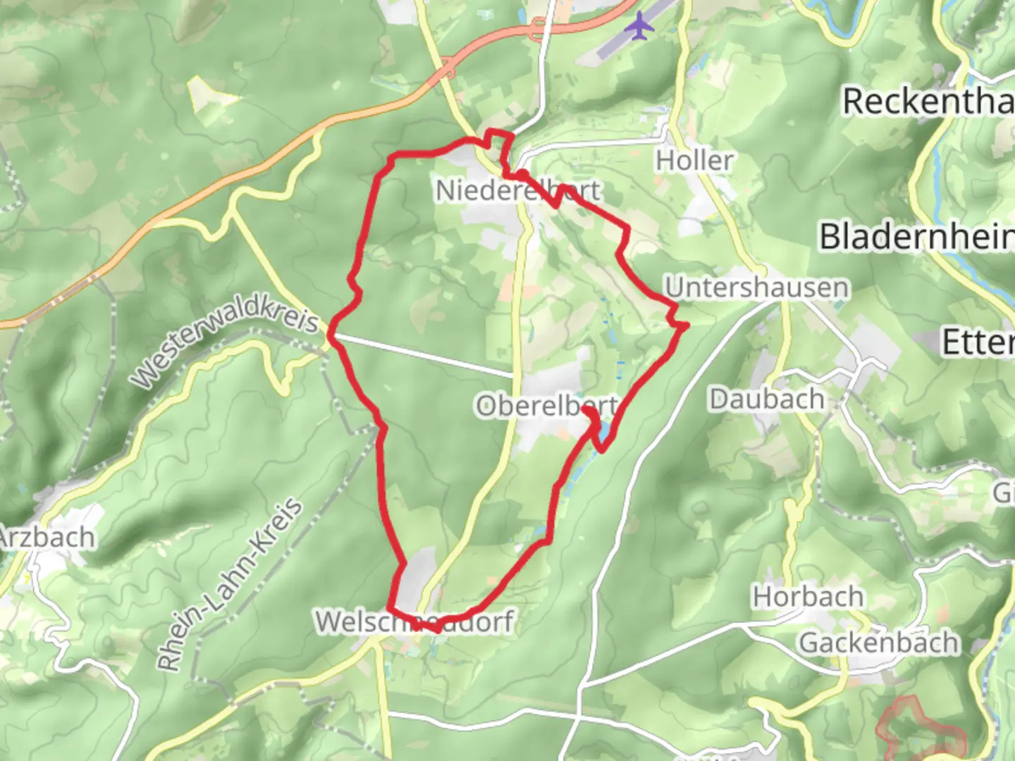 An image depicting the trail Niederelbert to Welschneudorf Loop and its surrounding area.