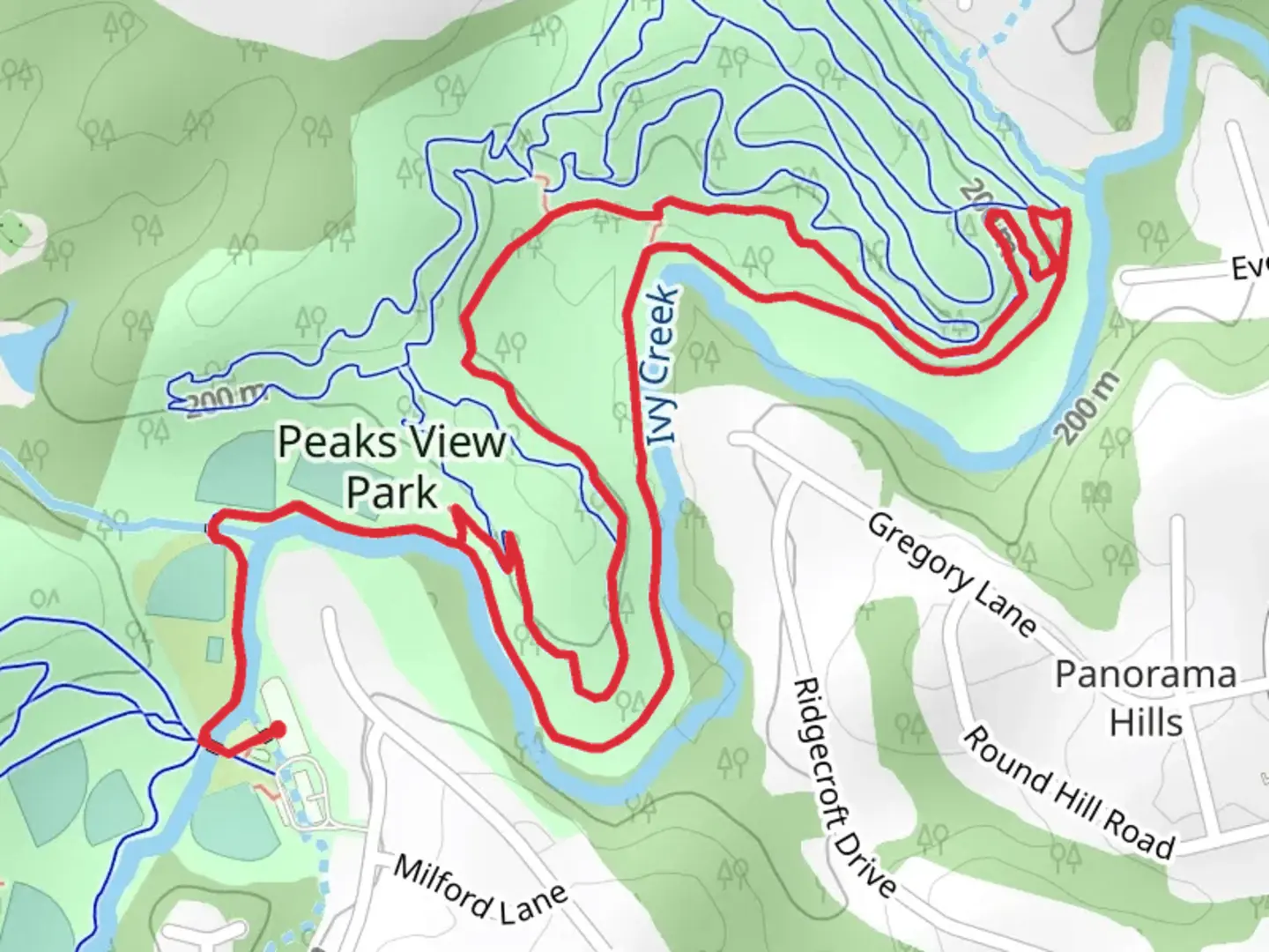 An image depicting the trail Ivy Creek Greenway, Bottom Out and Slick Rock Loop and its surrounding area.