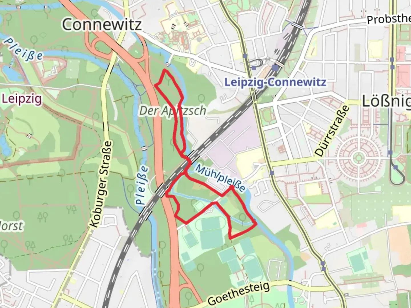 An image depicting the trail Südkampfbahn and Der Apitzsch Loop and its surrounding area.
