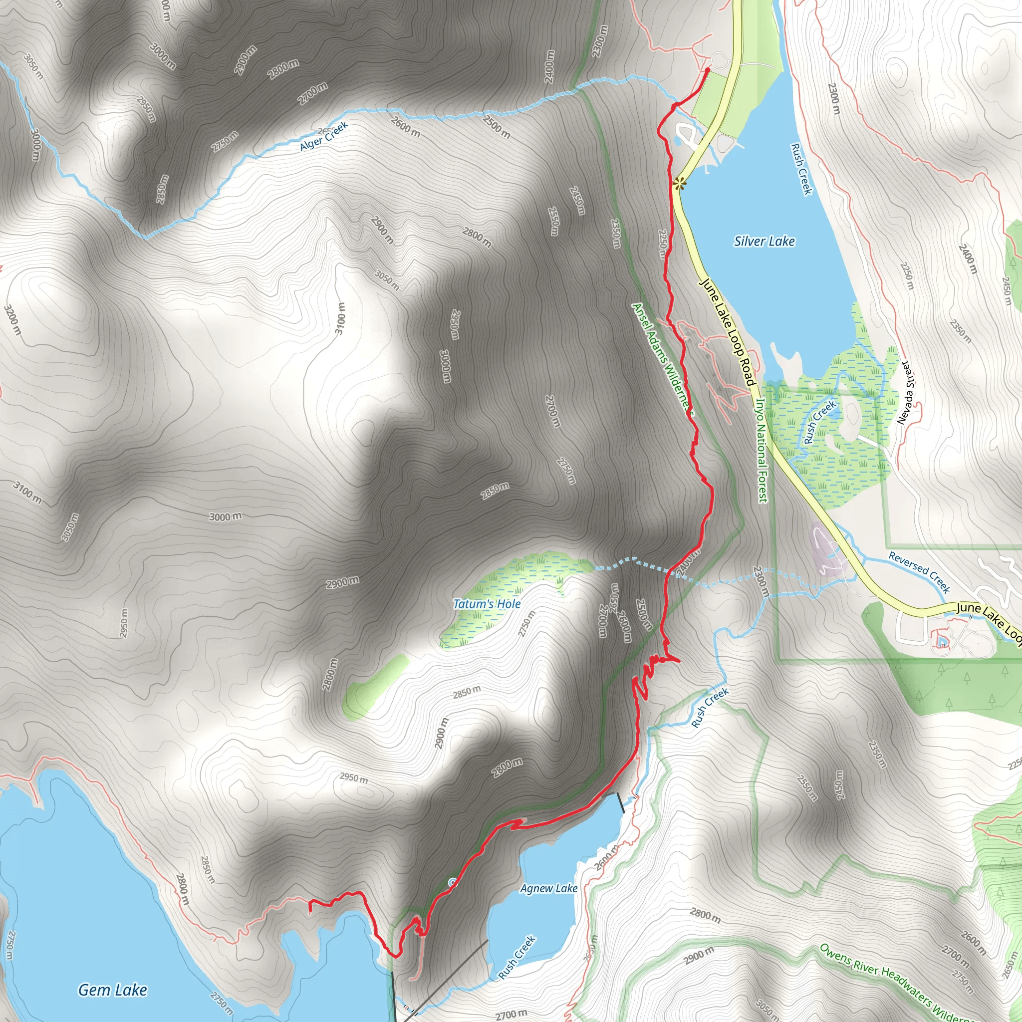 Gem Lake, Agnew Lake via Rush Creek Trail mobile static map