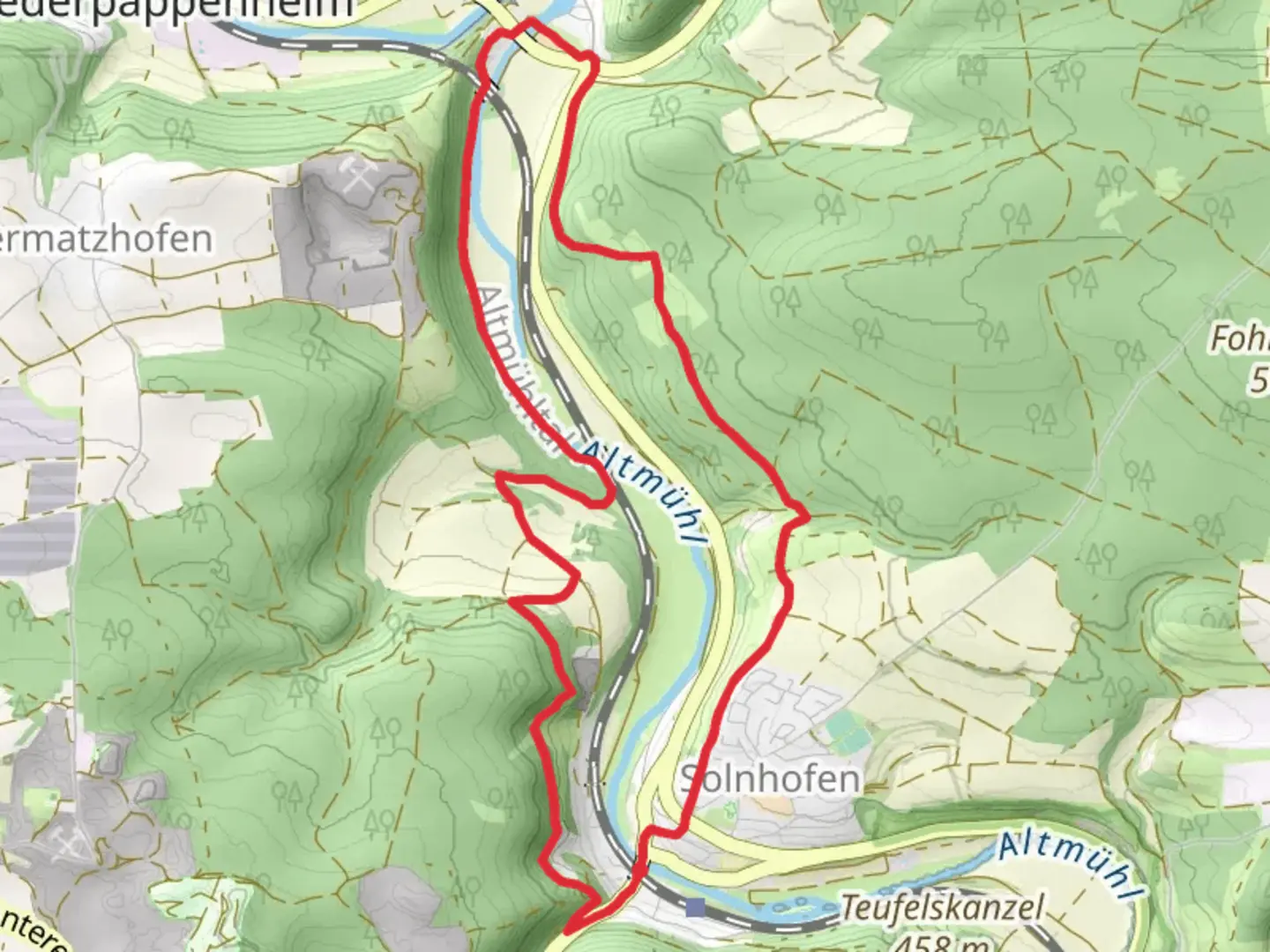 An image depicting the trail Solnhofen to Zimmern Loop via Altmuhl and its surrounding area.