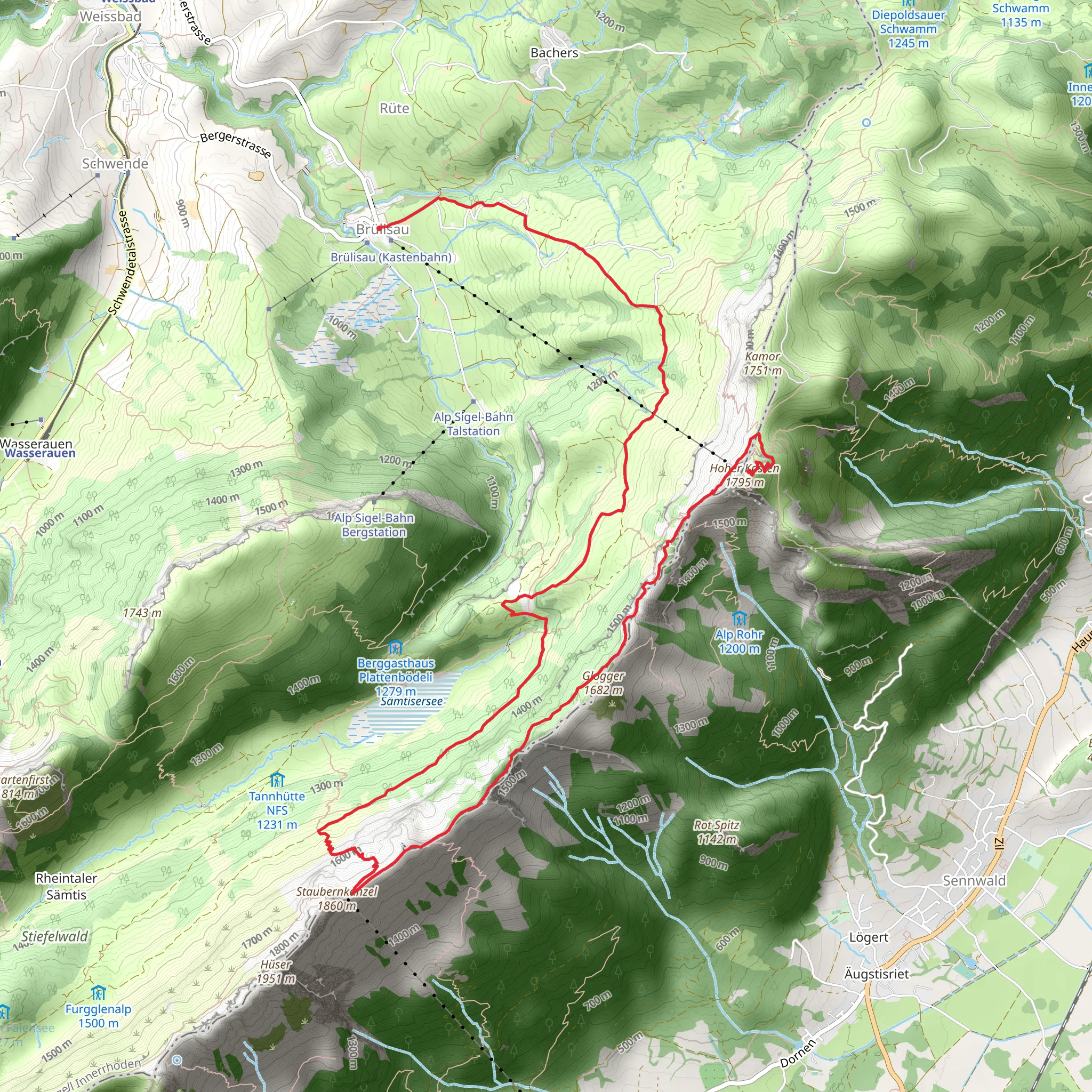 Hoher Kasten - Staubern - Rainhütten - Brülisau mobile static map