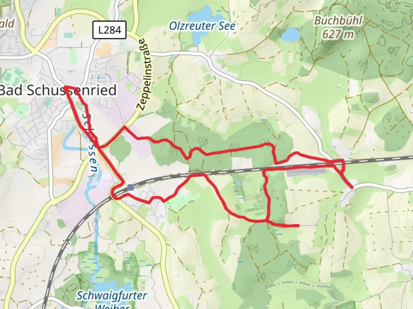 An image depicting the trail Bad Schussenried Wanderweg and its surrounding area.